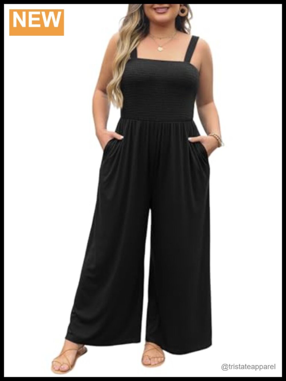 Plus Size Sleeveless Jumpsuit Smocked Wide Leg Romper with Pockets